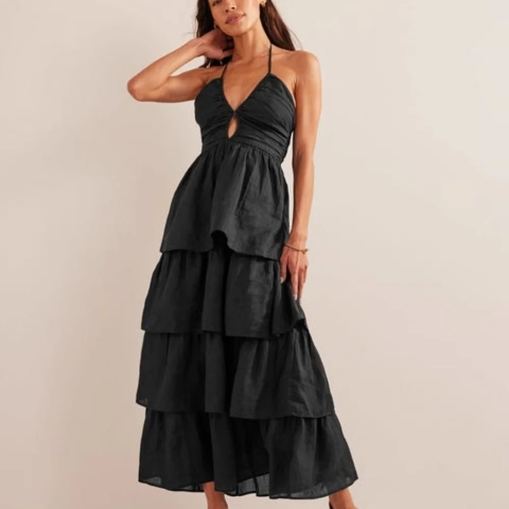 Boden Ruched Tiered Maxi Dress in Black size 6 NWT